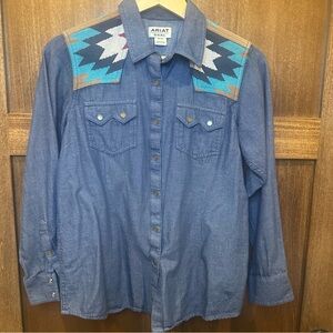 Ariat Real Blue Denim Western Shirt with Turquoise Aztec Yoke